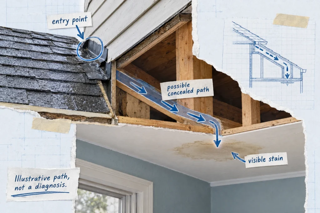 Illustrative rainwater path along a concealed sloping surface to a ceiling stain away from the entry point.