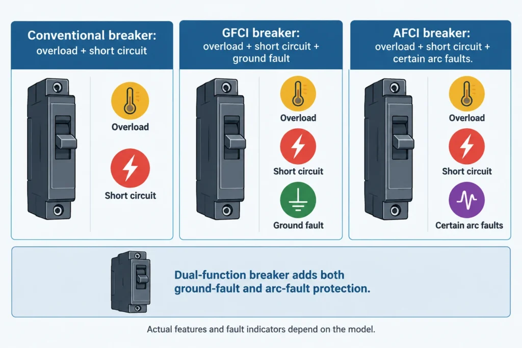 Comparison of conventional, GFCI, AFCI, and dual-function breaker protection.
