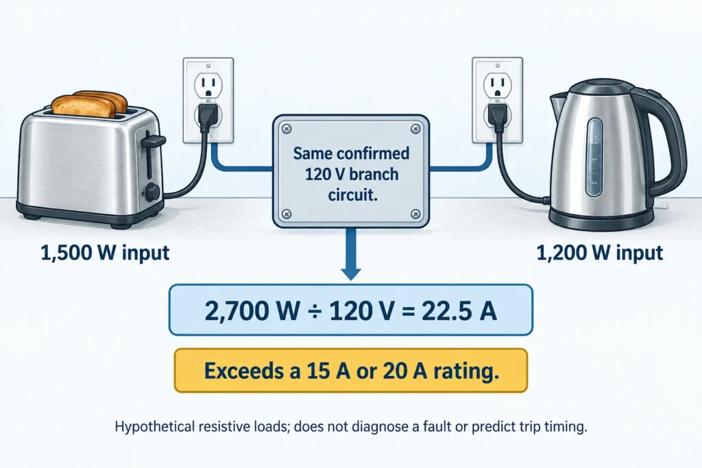 A hypothetical toaster and kettle share a 120-volt circuit, with combined demand calculated as 22.5 amps.