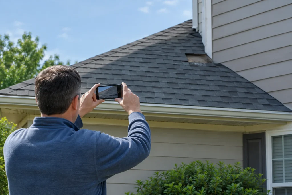 Homeowner photographing an asphalt-shingle roof from level ground in the yard.