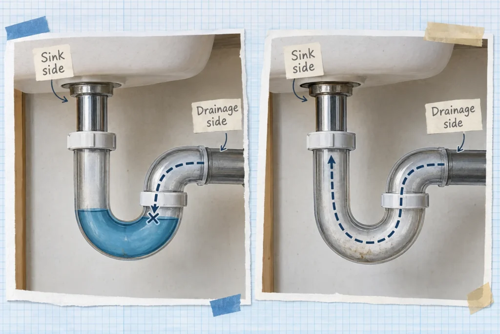 A water-filled trap blocks drainage-system air, while a dry trap leaves an open air path toward the sink.