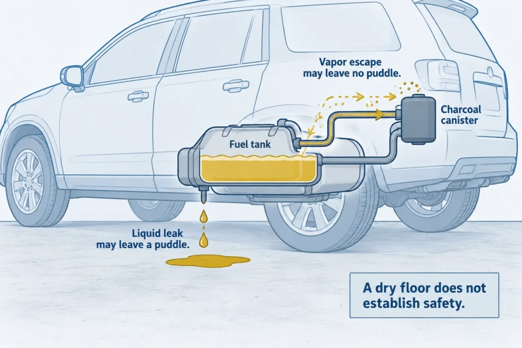 Vehicle fuel-system diagram distinguishing visible liquid leakage from vapor escape without a puddle.