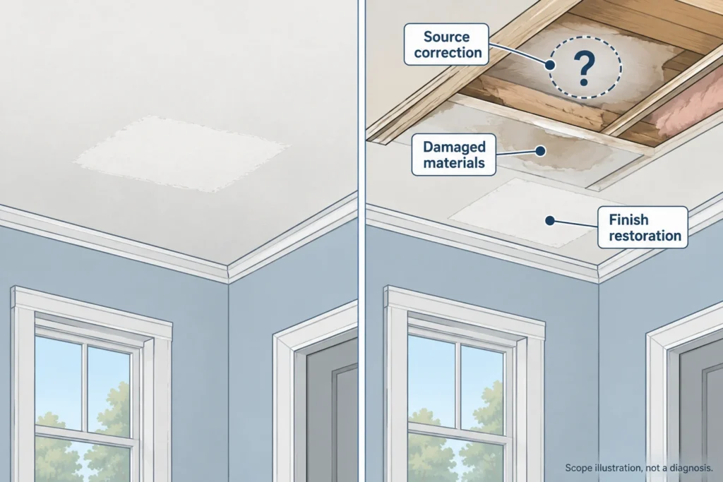 Comparison of ceiling finish restoration alone with a repair scope covering source correction, damaged materials, and restoration.