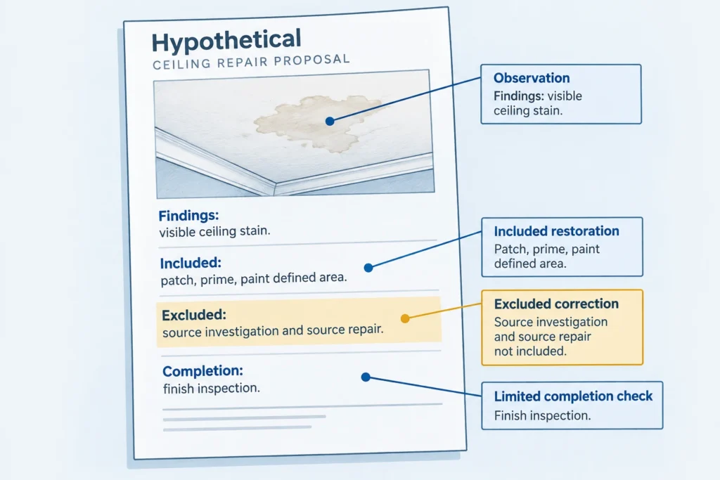 Hypothetical ceiling-repair proposal showing included patching and painting but excluded source investigation and repair.