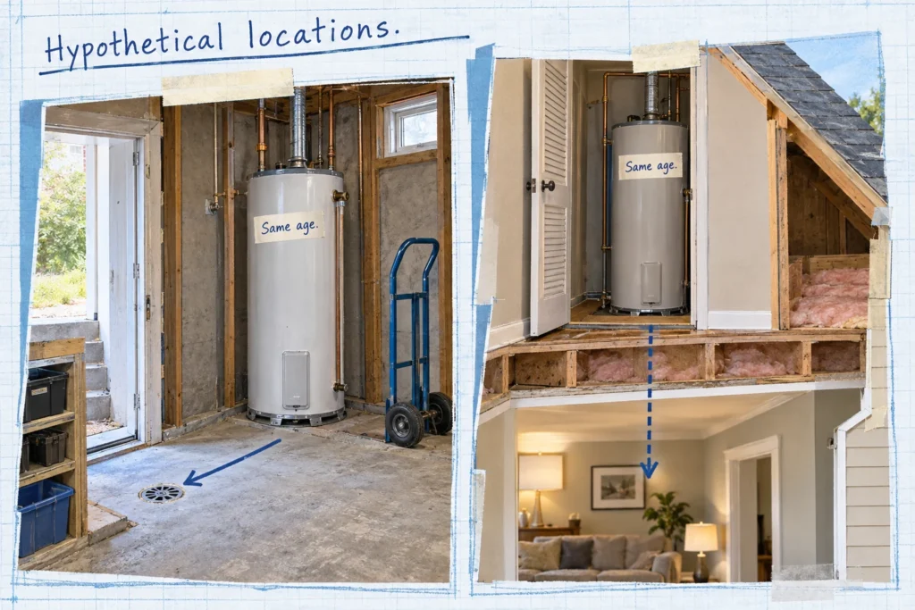 Two same-age water heaters in hypothetical locations with different drainage, finished-space exposure, and replacement access.