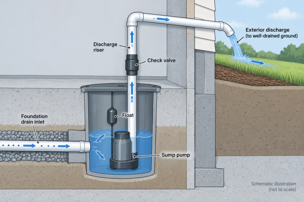 Schematic sump system showing incoming water, pump and float, check valve, and exterior discharge.