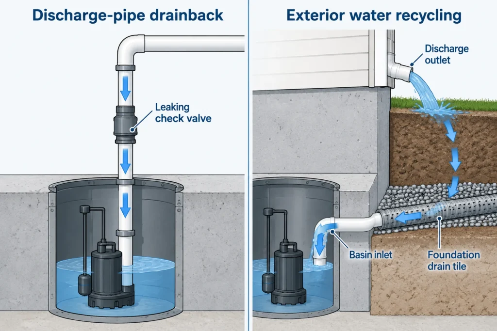 Two return paths: water falling down a sump discharge pipe and exterior discharge returning through foundation drains.