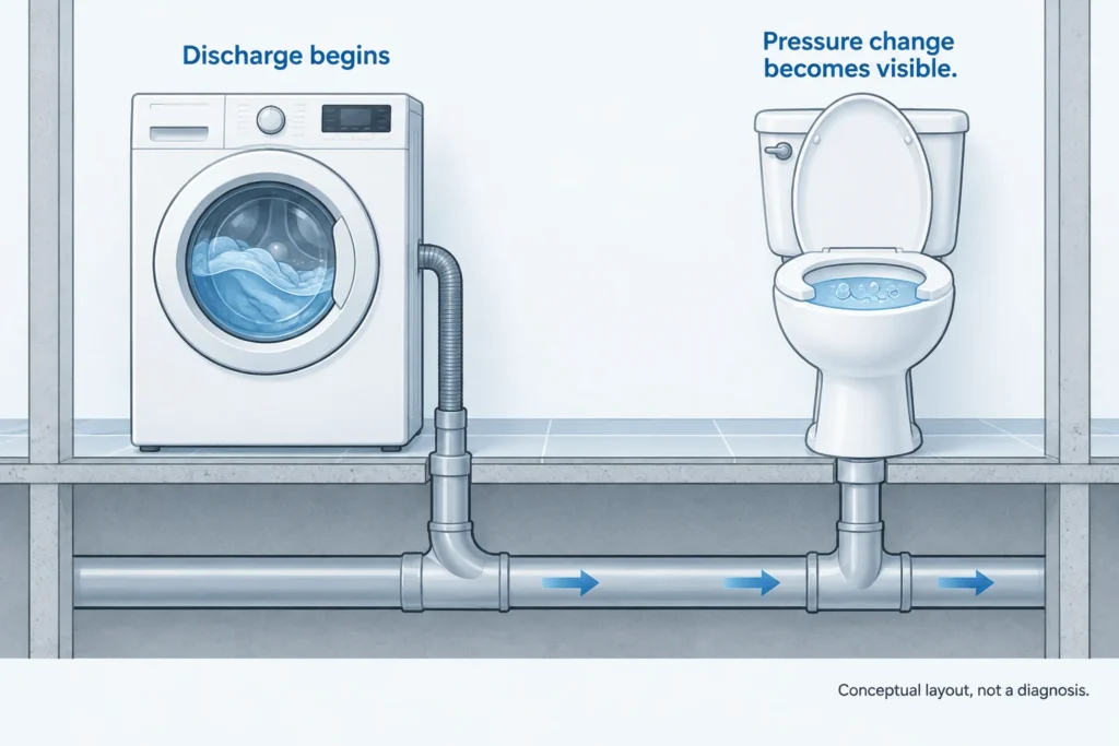 Conceptual illustration of washer discharge and bubbling at a toilet connected to drainage piping.