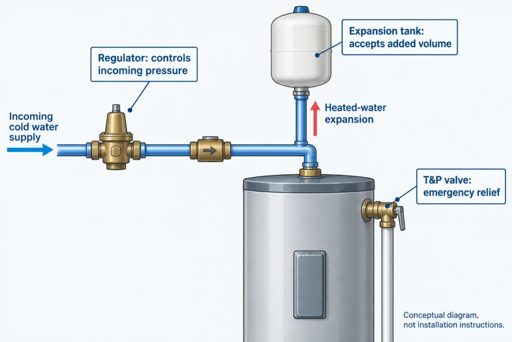 Conceptual closed water system showing a regulator controlling supply pressure, an expansion tank accepting added volume, and a separate T&P relief valve.