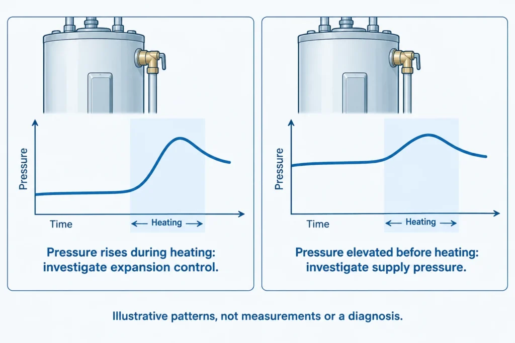 Illustrative charts comparing a pressure rise during reheating with pressure already elevated before heating.