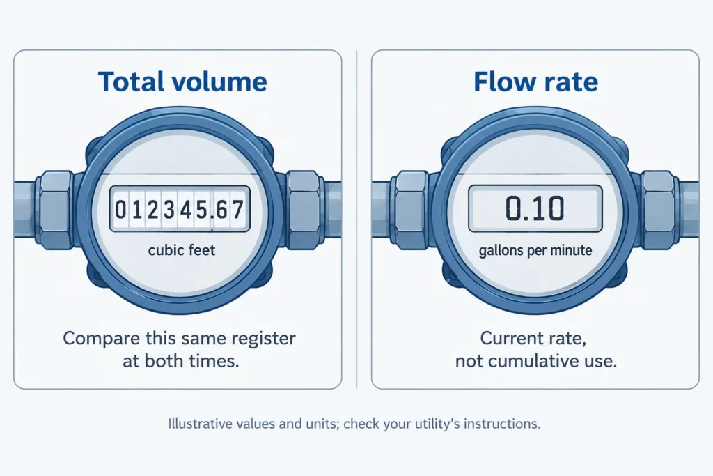 Illustrative total-volume and flow-rate displays showing accumulated water versus current rate.