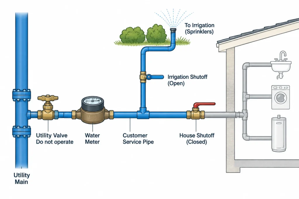 Example irrigation connection upstream of a closed house shutoff, leaving the irrigation branch supplied.