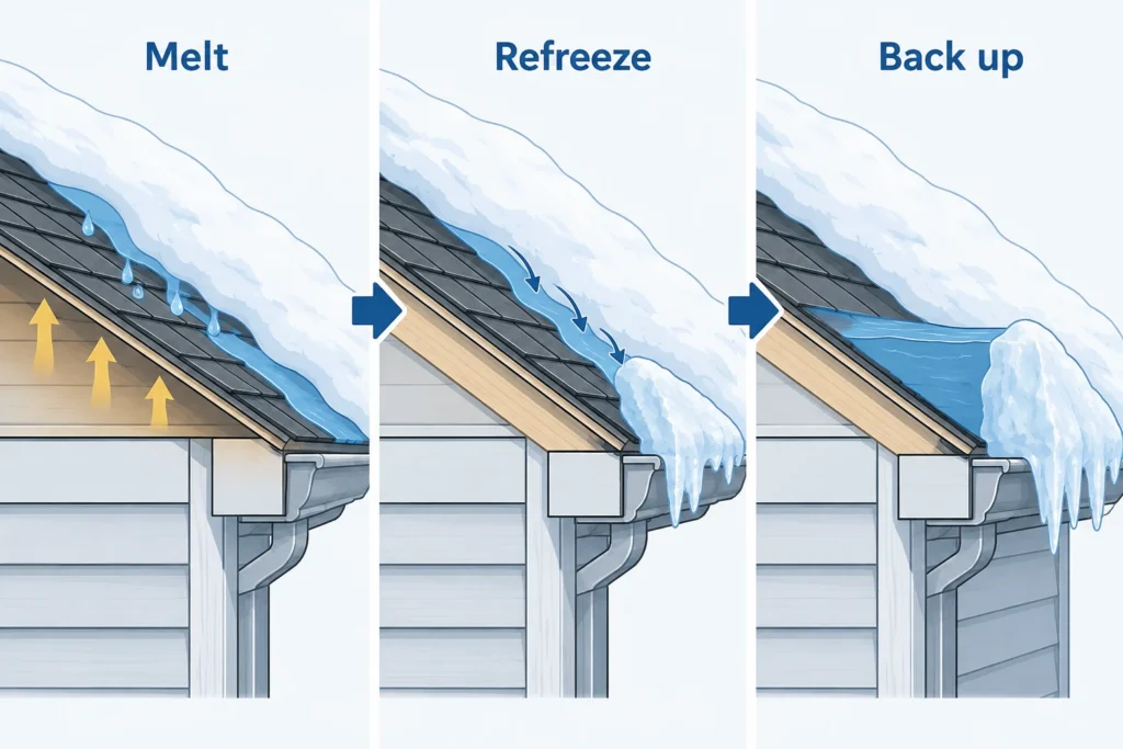 Three-panel diagram showing snowmelt flowing downhill, freezing at the eave, and backing up behind an ice dam.
