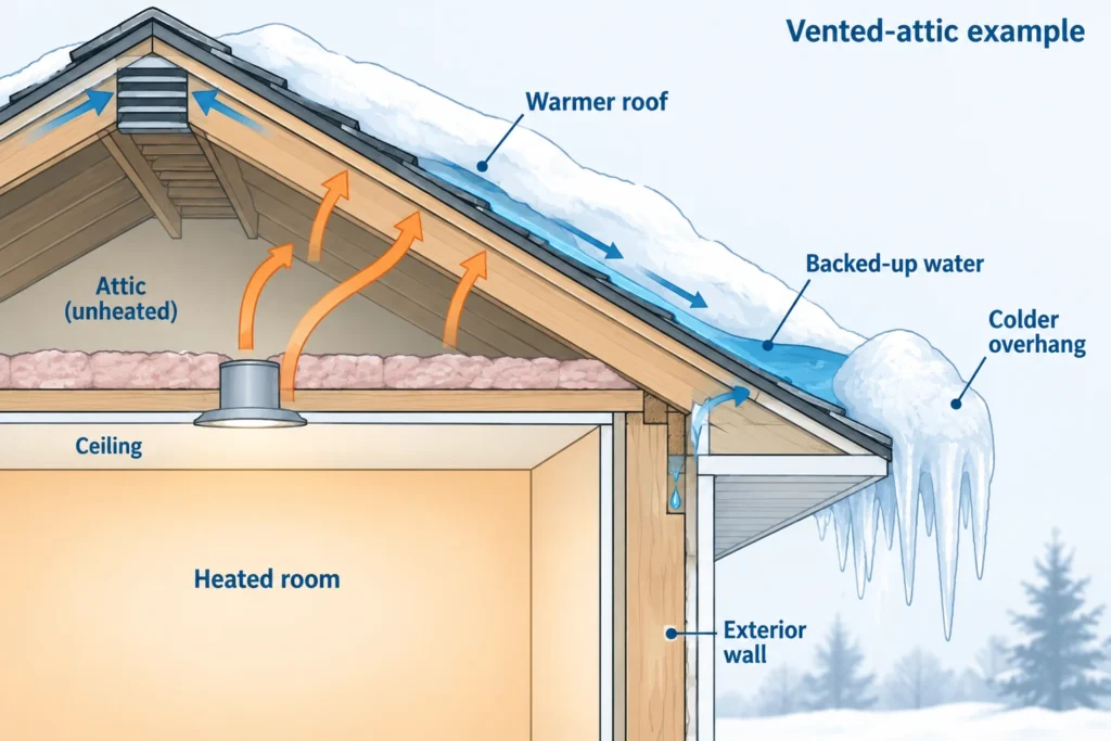Vented-attic cross-section showing heat escaping through the ceiling, snowmelt above the heated room, and refreezing at the cold overhang.