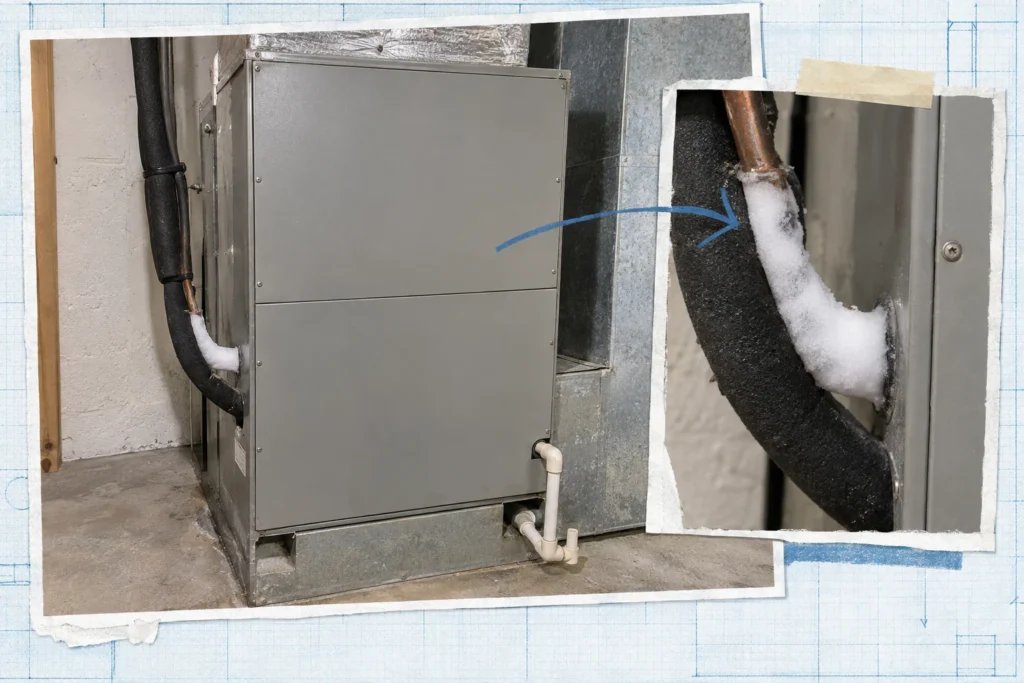 Frost on exposed refrigerant tubing beside a closed air-handler cabinet.