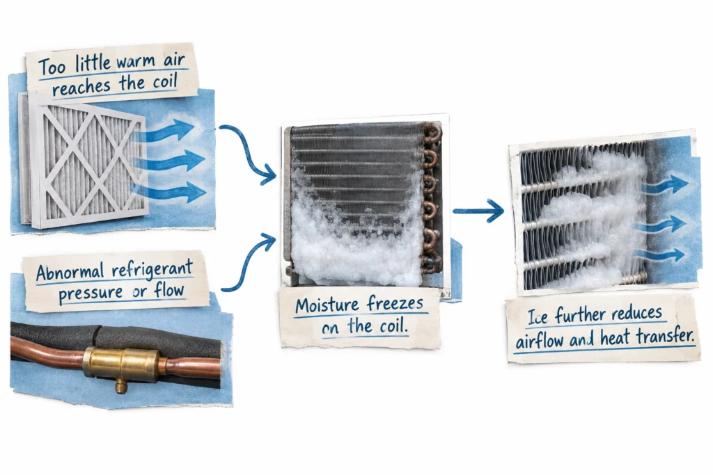 Low airflow and refrigeration faults can both lead to coil icing, which then further reduces airflow.
