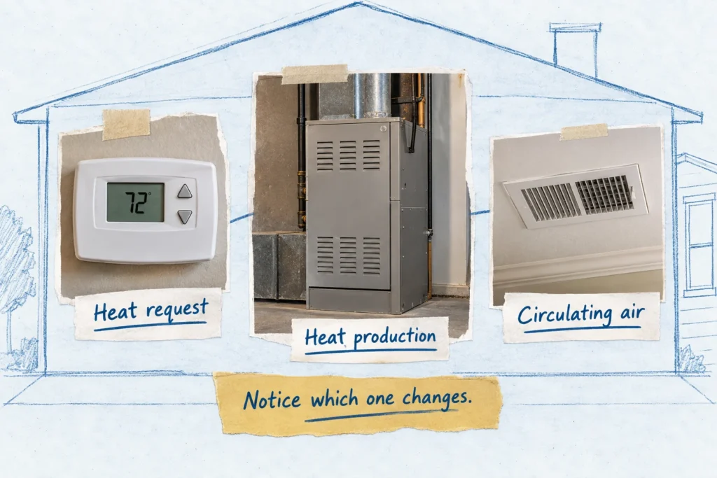 Thermostat, closed furnace, and supply register illustrate heat request, heat production, and circulating airflow.