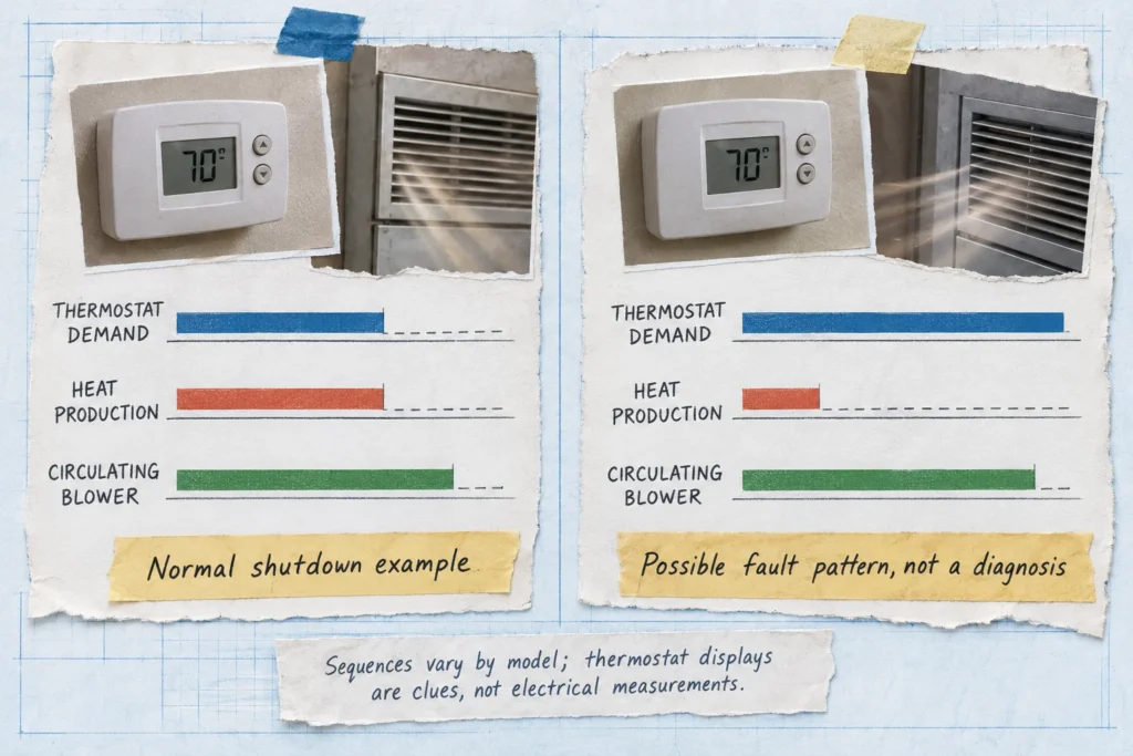 Timelines show blower continuation after normal shutdown and after heat production stops during continuing demand.