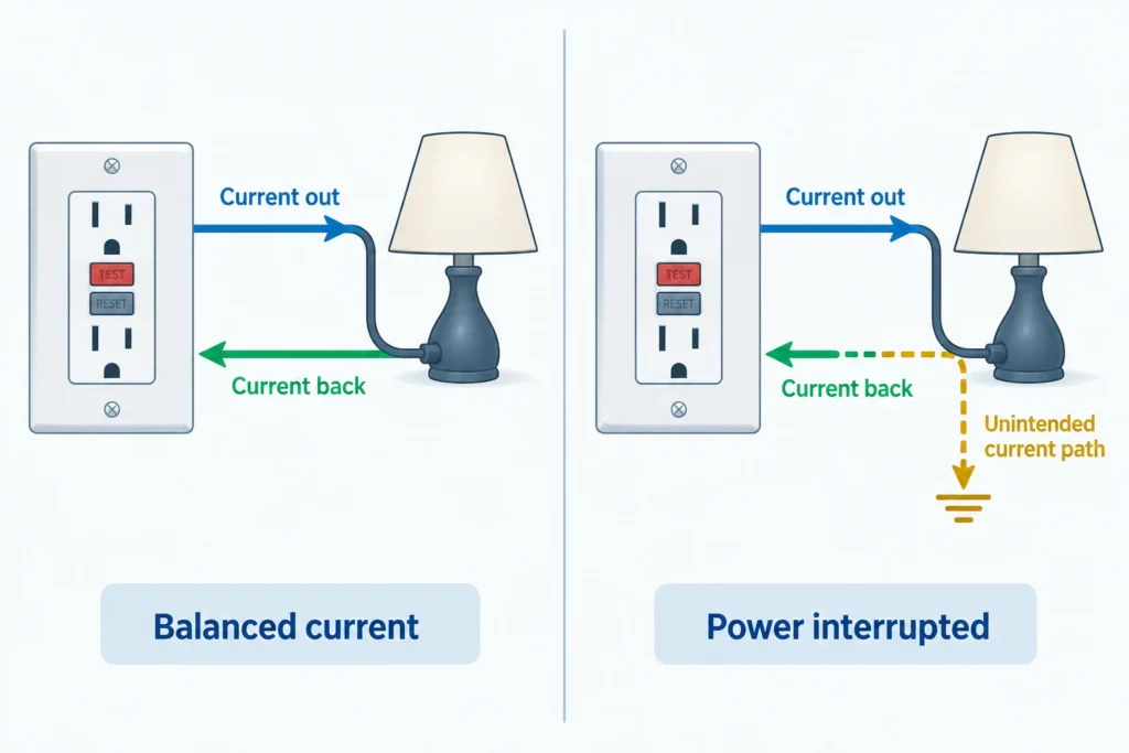 Comparison of balanced appliance current and an unintended current path that causes a GFCI to interrupt power.