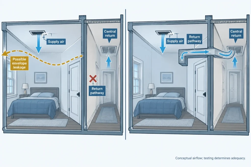 Closed bedrooms with restricted and designed return pathways to a central hallway return.