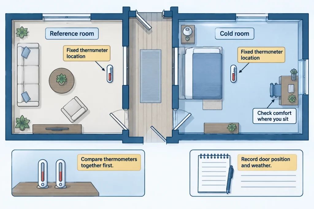 Two-room layout showing fixed thermometer locations away from vents and windows, plus a separate desk comfort check.