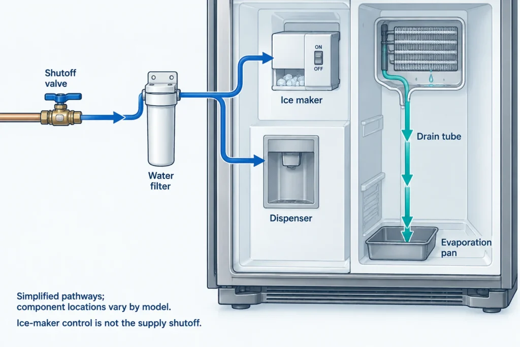 Diagram separating the refrigerator’s household-water supply from its defrost drain and evaporation pan.