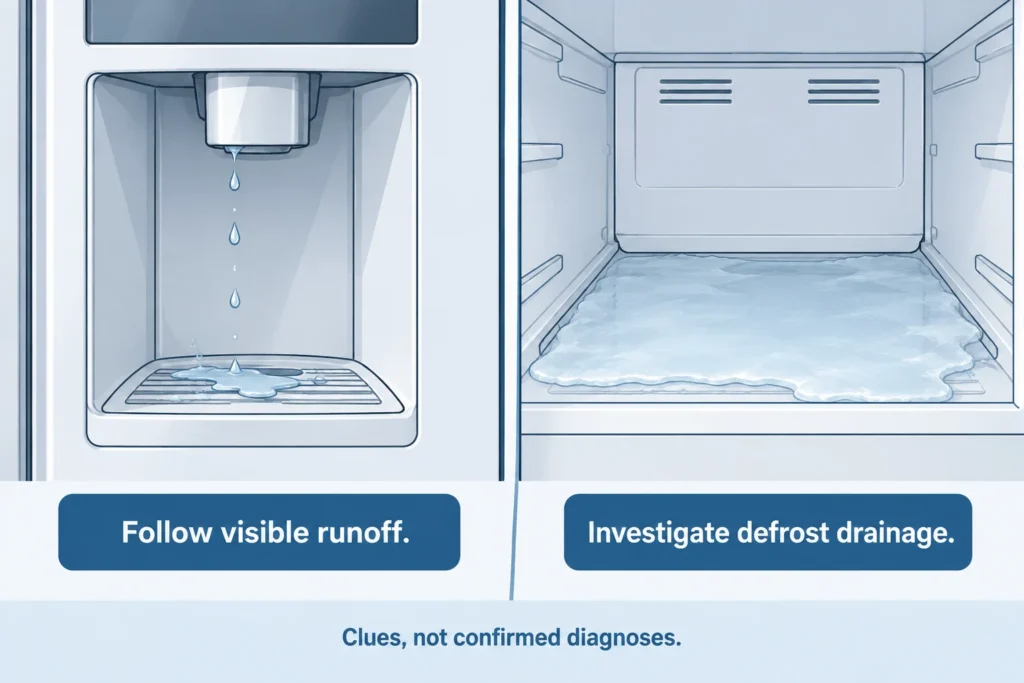 Dispenser-recess droplets compared with freezer-floor ice as clues to different water pathways.