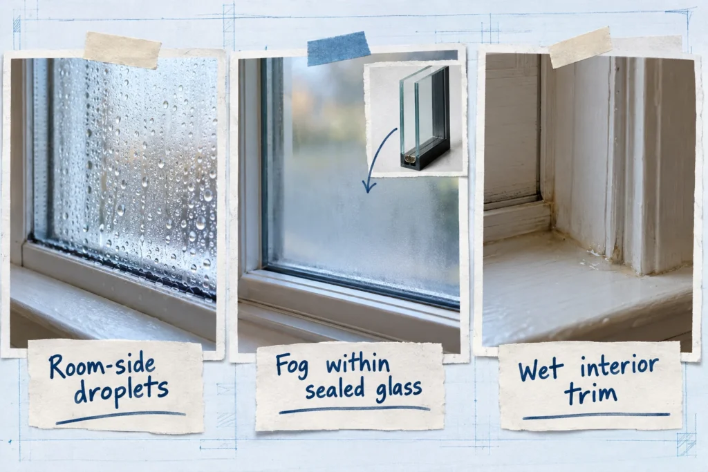 Three window moisture patterns: room-side droplets, fog within sealed glass, and damp interior trim.