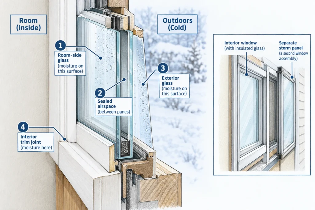 Window cutaway locating room-side moisture, the sealed glass airspace, exterior dew, and an interior trim joint.